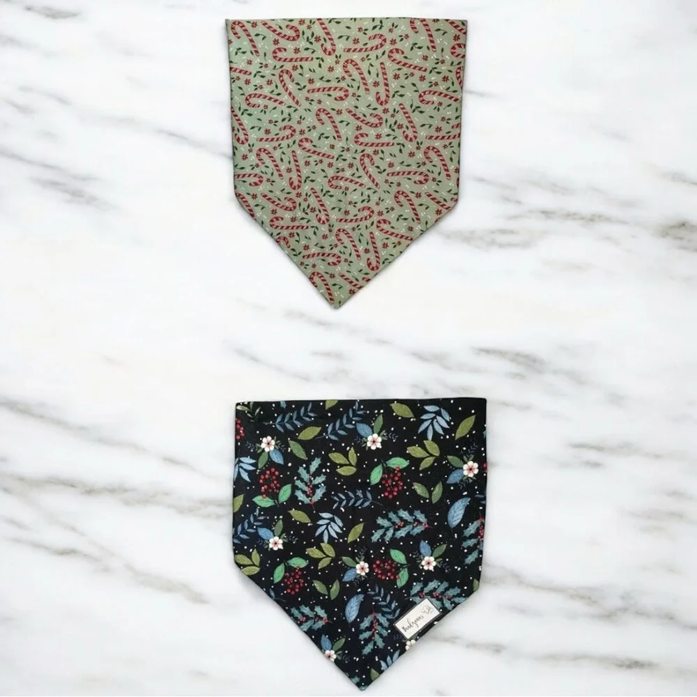 DOG Bandana - Candy Cane & Christmas Holly (Reversible) - Size XL